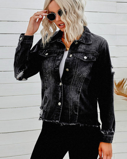 Distressed Raw Hem Denim Jacket - Trendsi