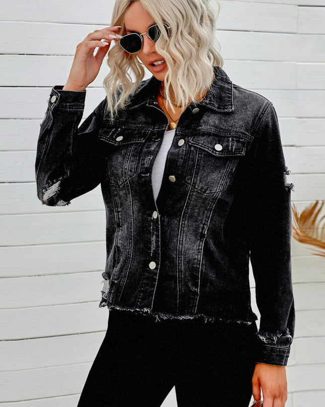 Distressed Raw Hem Denim Jacket - Trendsi