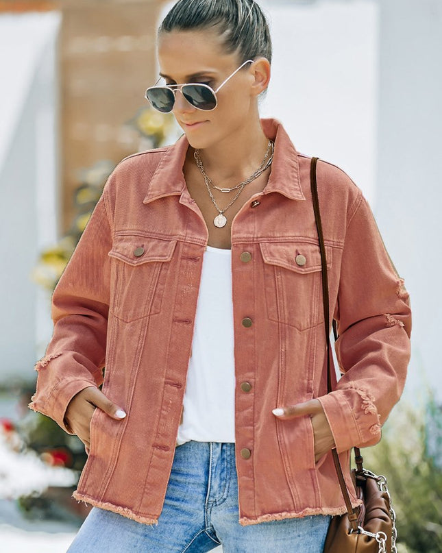 Distressed Raw Hem Denim Jacket - Trendsi