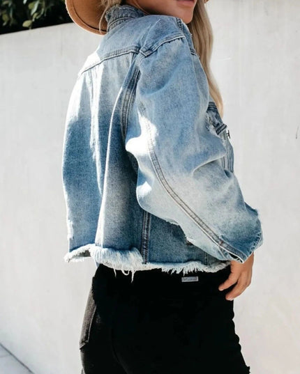 Distressed Raw Hem Denim Jacket - Trendsi