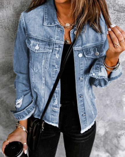 Distressed Raw Hem Denim Jacket - Trendsi