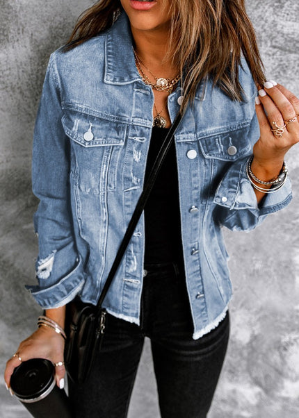 Distressed Raw Hem Denim Jacket - Trendsi