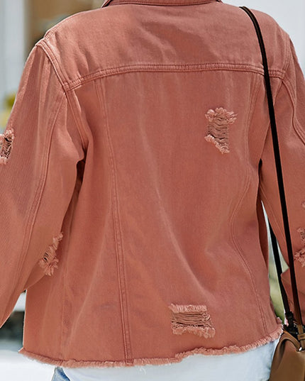 Distressed Raw Hem Denim Jacket - Trendsi