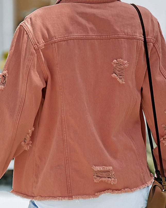 Distressed Raw Hem Denim Jacket - Trendsi