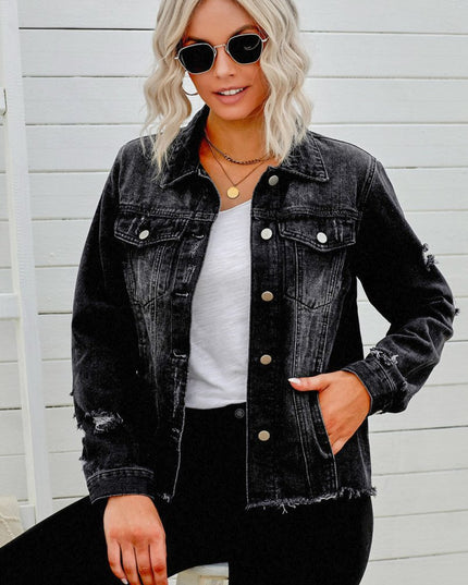 Distressed Raw Hem Denim Jacket - Trendsi