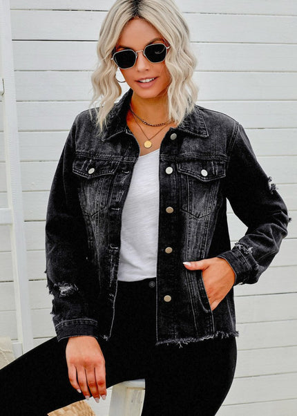 Distressed Raw Hem Denim Jacket - Trendsi