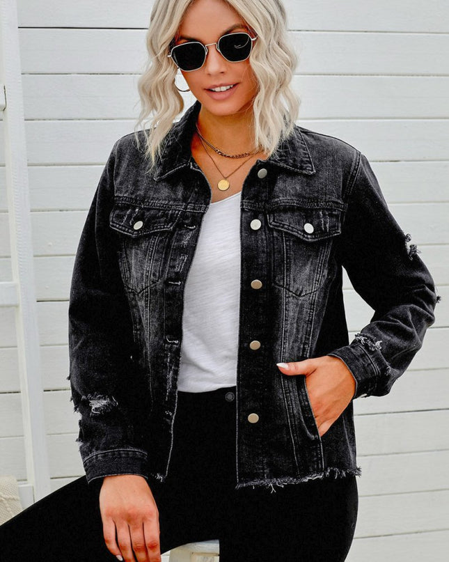 Distressed Raw Hem Denim Jacket - Trendsi