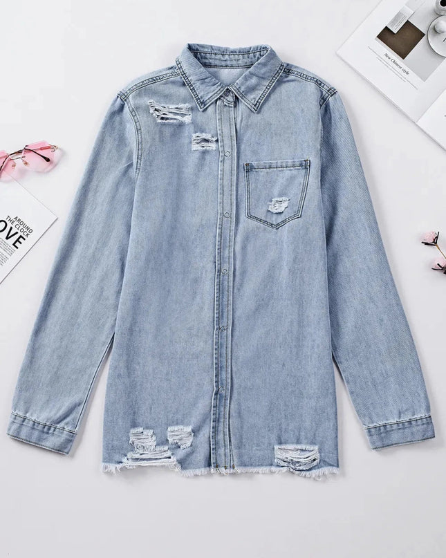 Distressed Snap Down Denim Jacket - Trendsi