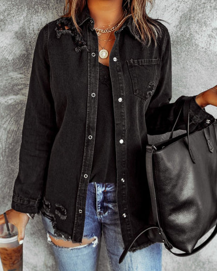 Distressed Snap Down Denim Jacket - Trendsi