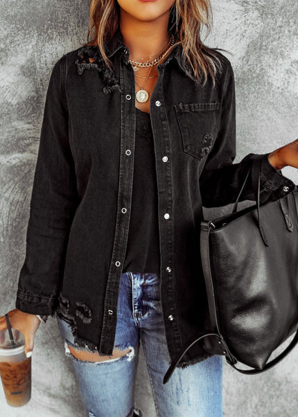 Distressed Snap Down Denim Jacket - Trendsi