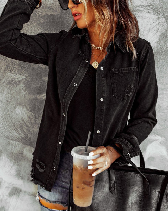 Distressed Snap Down Denim Jacket - Trendsi