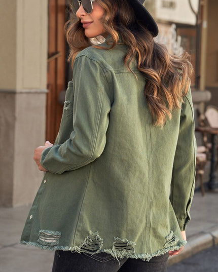 Distressed Snap Down Denim Jacket - Trendsi