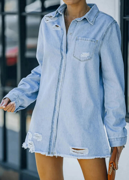 Distressed Snap Down Denim Jacket - Trendsi
