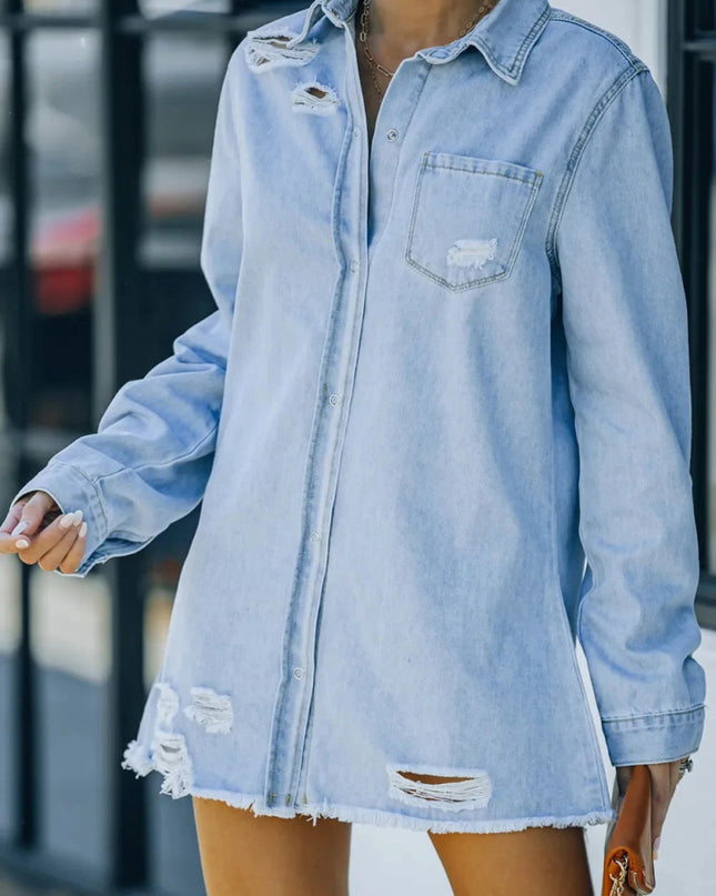Distressed Snap Down Denim Jacket - Trendsi