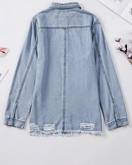 Distressed Snap Down Denim Jacket - Trendsi