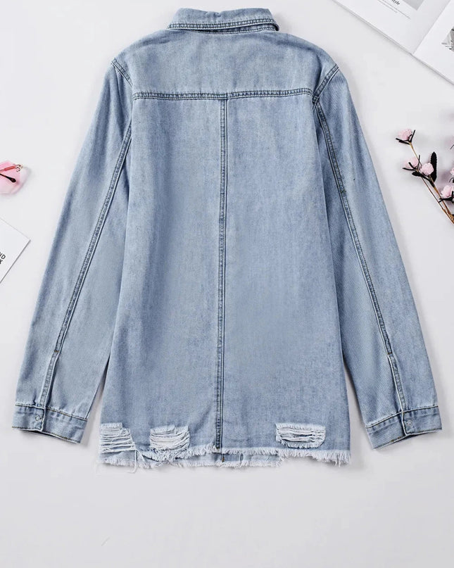 Distressed Snap Down Denim Jacket - Trendsi