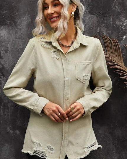 Distressed Snap Down Denim Jacket - Trendsi