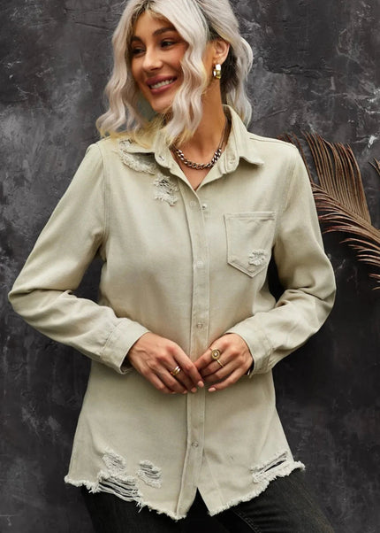 Distressed Snap Down Denim Jacket - Trendsi