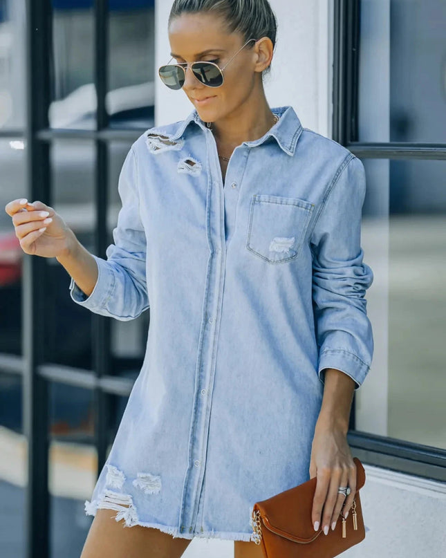 Distressed Snap Down Denim Jacket - Trendsi