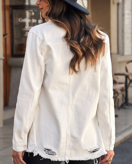 Distressed Snap Down Denim Jacket - Trendsi