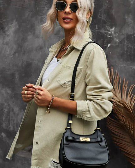 Distressed Snap Down Denim Jacket - Trendsi