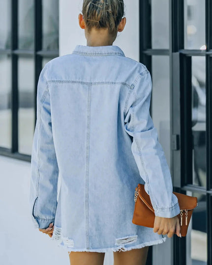 Distressed Snap Down Denim Jacket - Trendsi