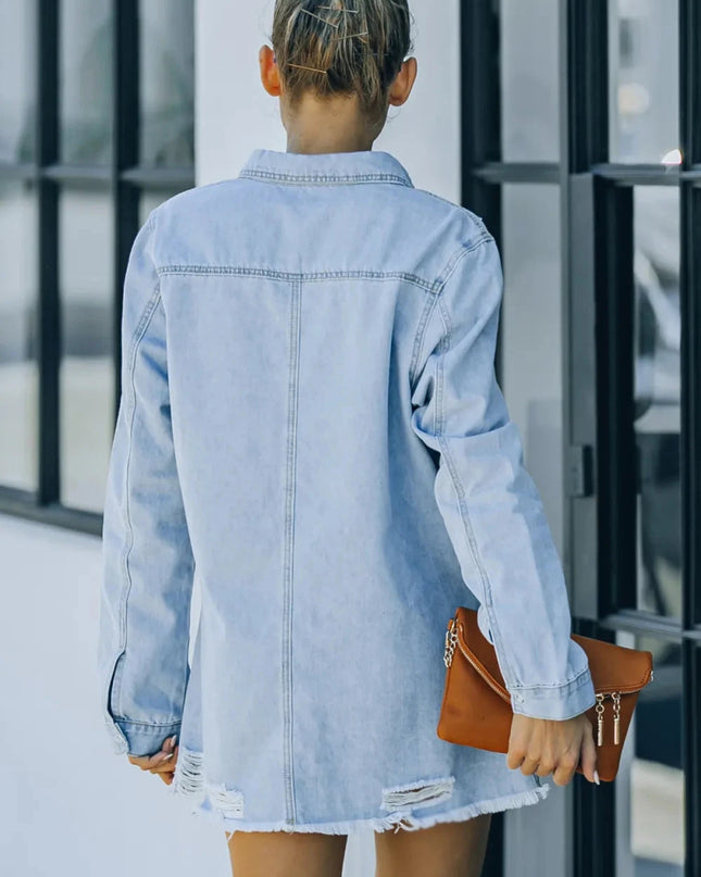 Distressed Snap Down Denim Jacket - Trendsi