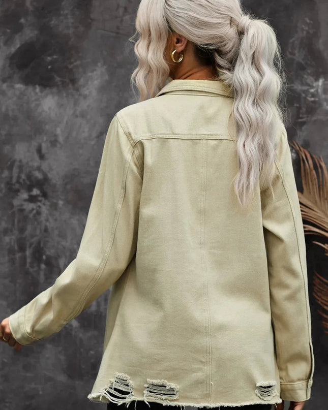 Distressed Snap Down Denim Jacket - Trendsi