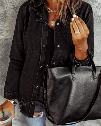 Distressed Snap Down Denim Jacket - Trendsi