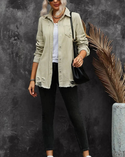 Distressed Snap Down Denim Jacket - Trendsi
