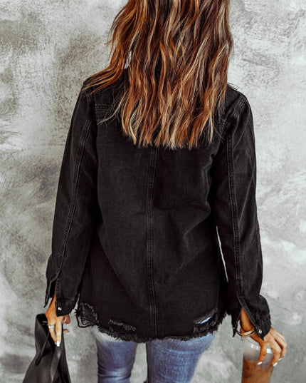 Distressed Snap Down Denim Jacket - Trendsi