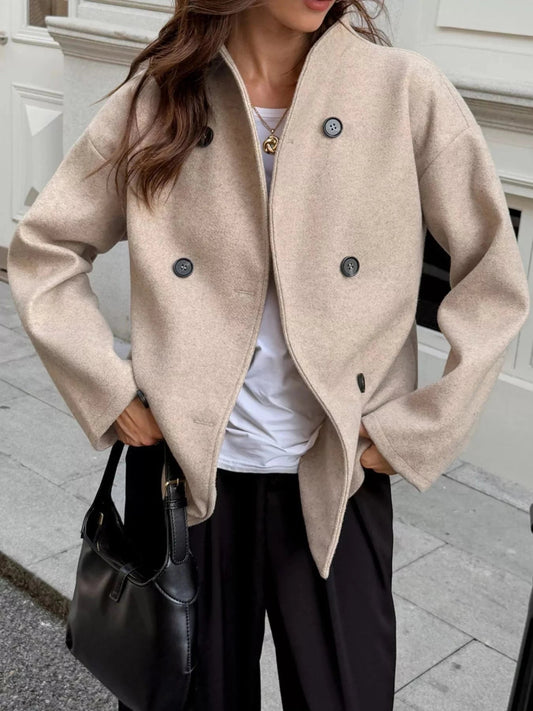 Double - Breasted Dropped Shoulder Jacket - Trendsi