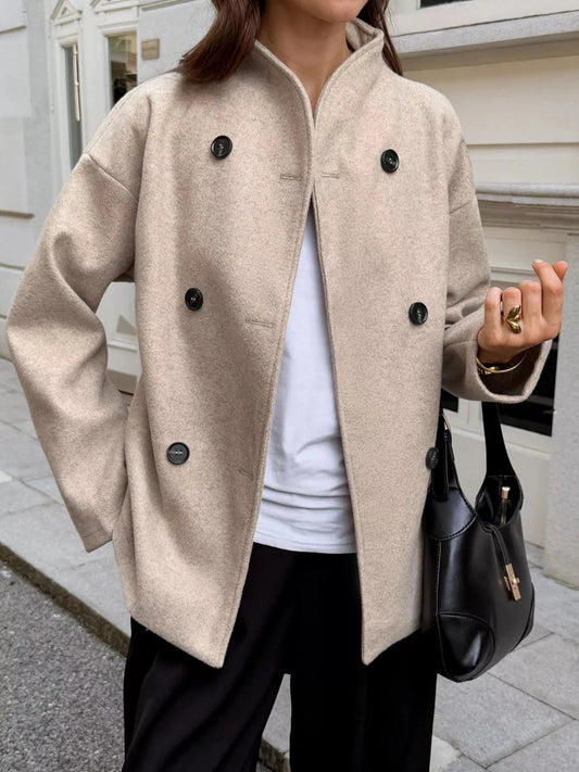 Double - Breasted Dropped Shoulder Jacket - Trendsi