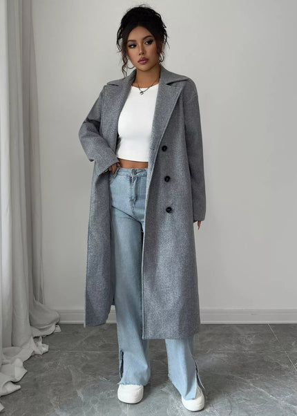 Double - Breasted Longline Coat - Trendsi