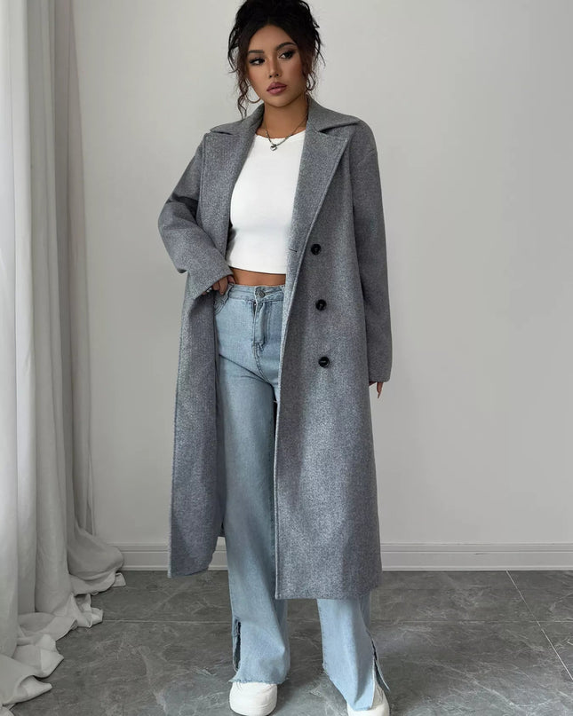 Double - Breasted Longline Coat - Trendsi