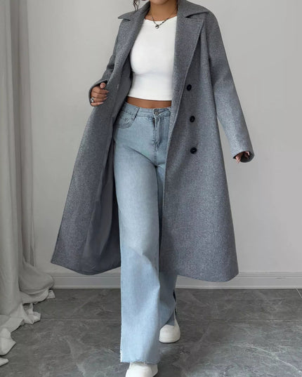 Double - Breasted Longline Coat - Trendsi
