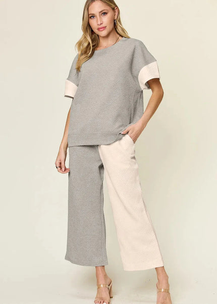 Double Take Full Size Texture Contrast T-Shirt and Wide Leg Pants Set - Trendsi