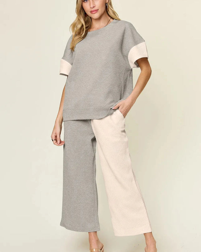 Double Take Full Size Texture Contrast T-Shirt and Wide Leg Pants Set - Trendsi