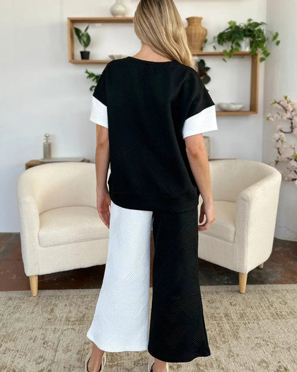 Double Take Full Size Texture Contrast T-Shirt and Wide Leg Pants Set - Trendsi