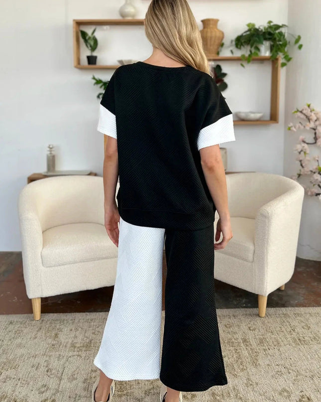 Double Take Full Size Texture Contrast T-Shirt and Wide Leg Pants Set - Trendsi