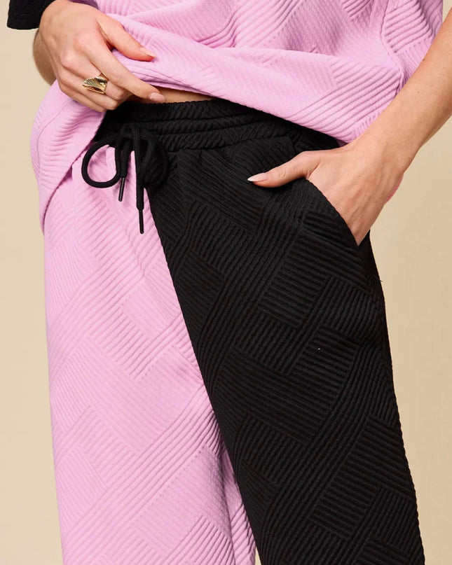 Double Take Full Size Texture Contrast T-Shirt and Wide Leg Pants Set - Trendsi