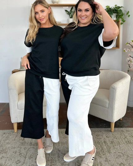 Double Take Full Size Texture Contrast T-Shirt and Wide Leg Pants Set - Trendsi