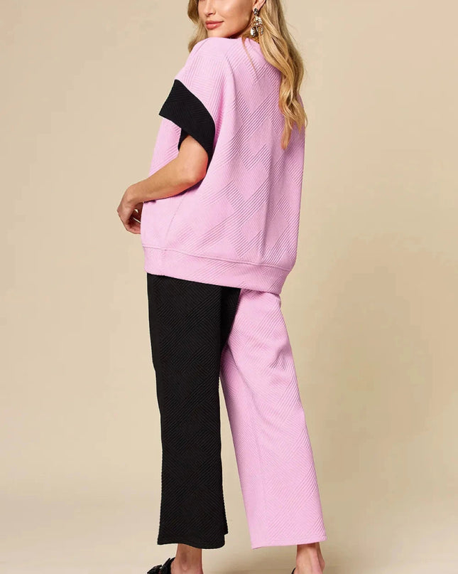 Double Take Full Size Texture Contrast T-Shirt and Wide Leg Pants Set - Trendsi