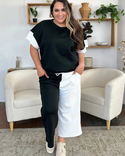 Double Take Full Size Texture Contrast T-Shirt and Wide Leg Pants Set - Trendsi