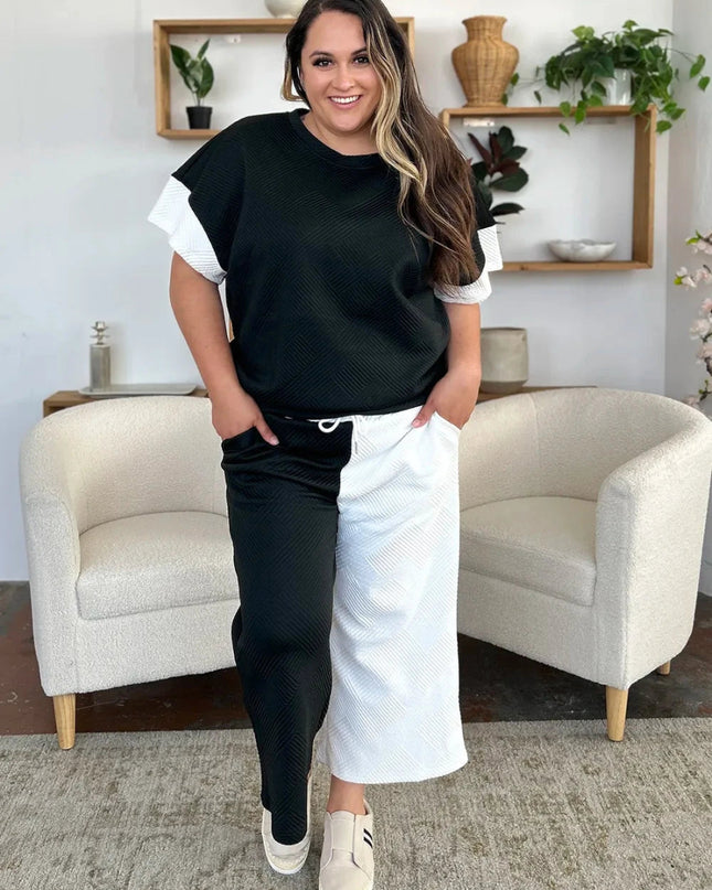 Double Take Full Size Texture Contrast T-Shirt and Wide Leg Pants Set - Trendsi