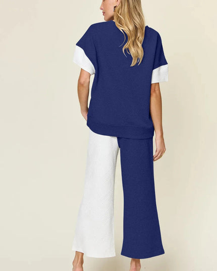 Double Take Full Size Texture Contrast T-Shirt and Wide Leg Pants Set - Trendsi