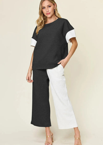 Double Take Full Size Texture Contrast T-Shirt and Wide Leg Pants Set - Trendsi