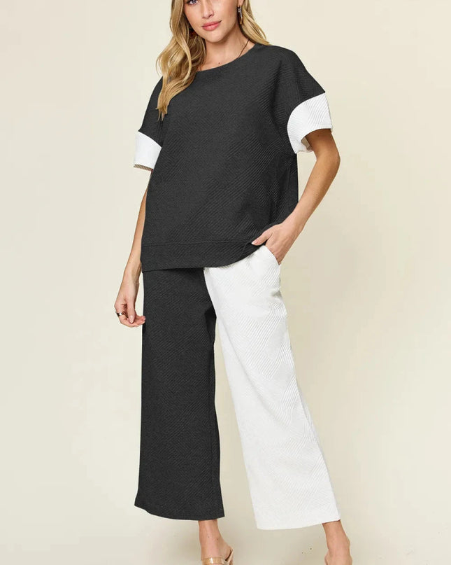 Double Take Full Size Texture Contrast T-Shirt and Wide Leg Pants Set - Trendsi