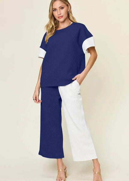 Double Take Full Size Texture Contrast T-Shirt and Wide Leg Pants Set - Trendsi