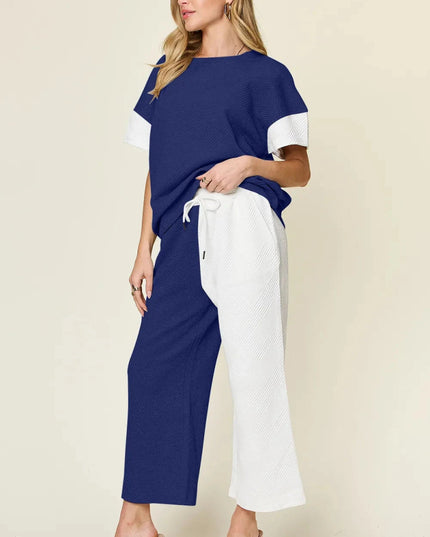 Double Take Full Size Texture Contrast T-Shirt and Wide Leg Pants Set - Trendsi